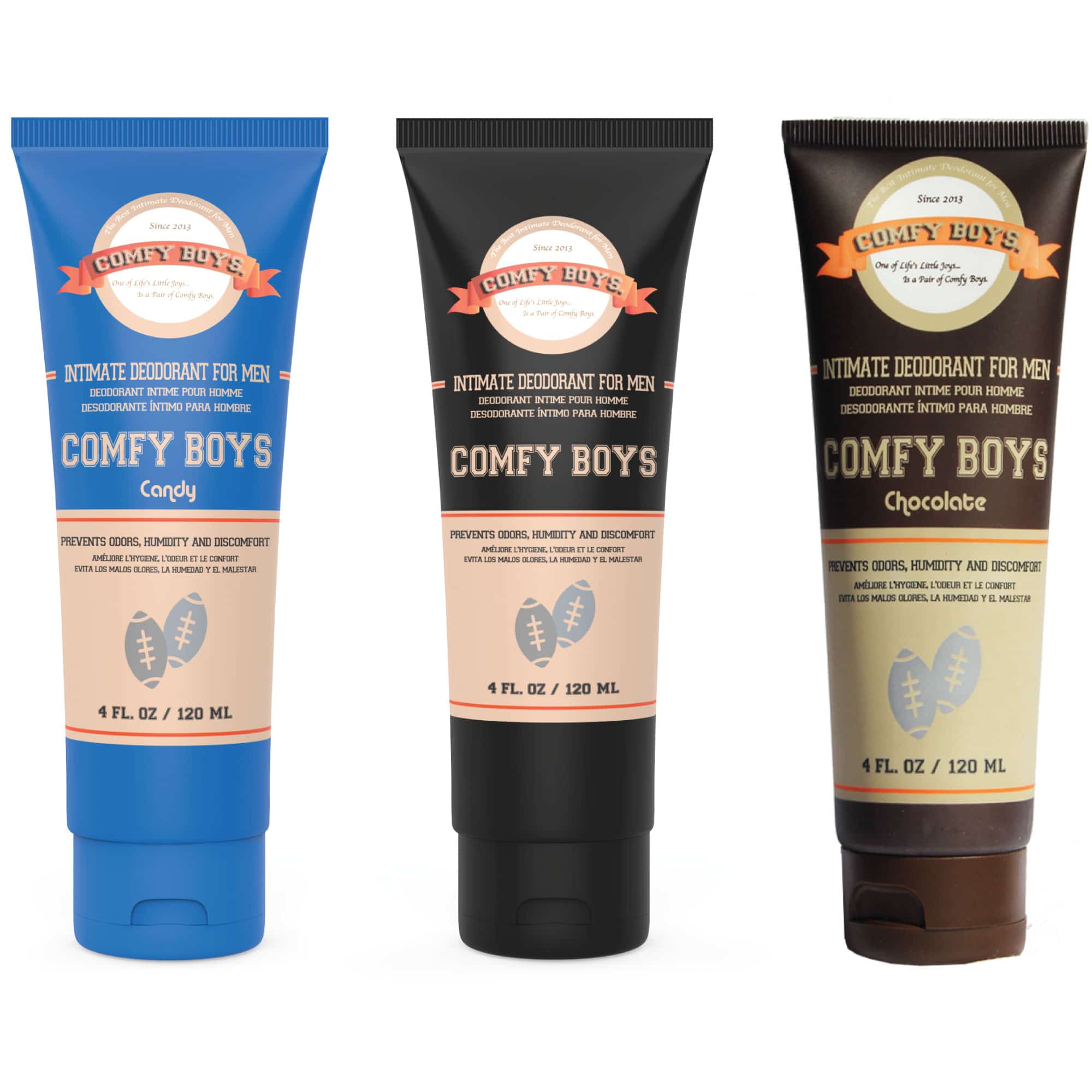 Comfy Boys Triple Discovery Pack - Classic + Candy + Chocolate - 4oz Each -  #1 Intimate Deodorant for Men